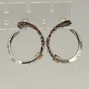 Sterling Silver & 14K Gold Hoop Earrings Hammered Pierced Artisan 5g